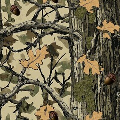 Mossy Oak Tree Branches and Acorns Hunting Forest Camouflage Pattern, Seamless Camo Texture