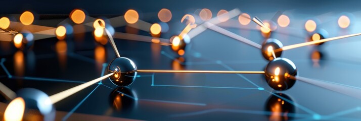 A close-up view of interconnected particles, featuring metallic spheres and glowing lines, symbolizing advanced technology and molecular structures.