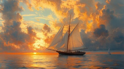 Fototapeta premium Sunset sailship ocean fiery cloudscape.