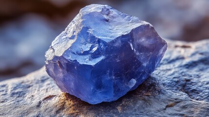 A close-up of a raw blue mineral, showcasing its crystalline structure and vibrant color against a textured background.