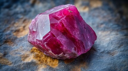 A vibrant pink ruby crystal resting on a textured surface, showcasing its natural beauty and intricate facets.