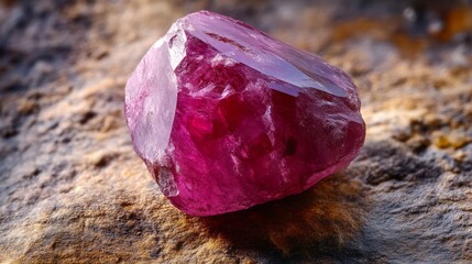Obraz premium A vibrant ruby crystal rests on a textured surface, showcasing its rich red hue and natural facets, capturing the beauty of this precious gemstone.
