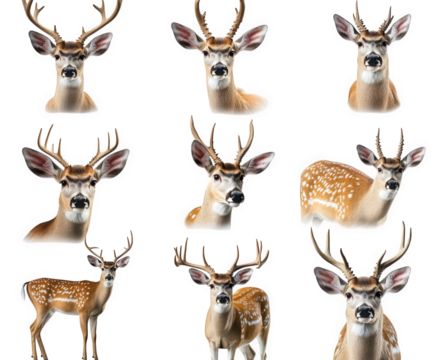 a collection of nine white-tailed deer the deer are shown in various poses. including standing. walking. and looking directly at the camera they are all set against a transparent background