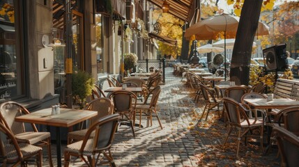 Cafe terrace on a city street in autumn, AI generated image