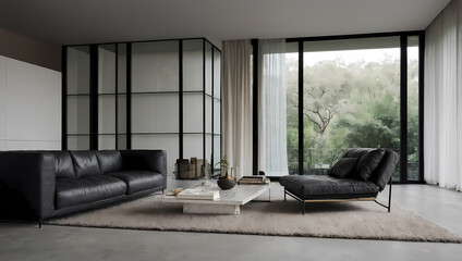 Modern Living Room with Black Leather Seating and Window View
