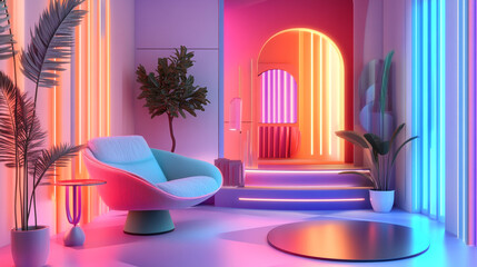 colorful 3d design of architectural style home accessories, A digital art image of a futuristic room interior design, Interior design of modern living room interior 3d design with chair and sofa.