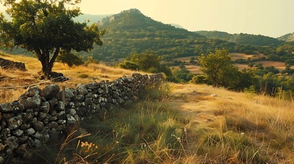 Golden Hour Landscape: Serene Countryside View with Stone Wall and Rolling Hills
