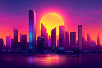 Fototapeta premium A vibrant city skyline at sunset with colorful reflections on water.