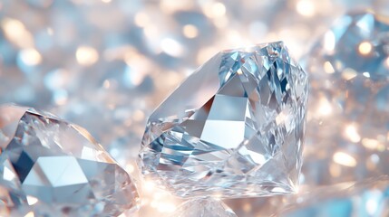 A stunning close-up of sparkling diamonds reflecting light, showcasing their brilliance and clarity against a soft, blurred background.