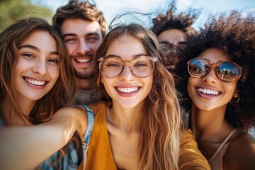 Fototapeta premium Group of Friends Taking Vibrant Selfie in Park - Multiracial Youth Having Fun Outdoors Together in City Center