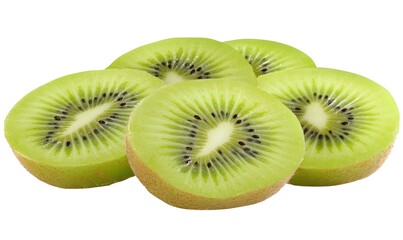 Fototapeta premium Five kiwi fruit halves showing green flesh and black seeds isolated.