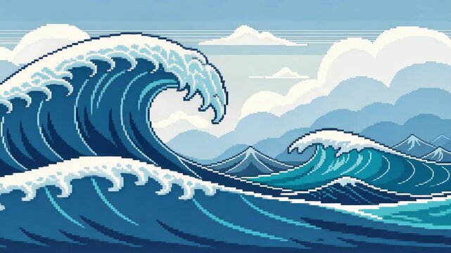 Crisp 8Bit Ocean A pixelated ocean waves back and forth in different shades of blue. As it calms a striking logo rises from the depths crafted in a retro pixel style echoing the