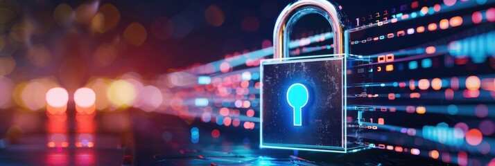 A glowing padlock symbolizes digital security amid colorful data streams, representing cybersecurity and encryption.