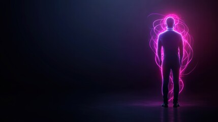 Ethereal Human Silhouette Surrounded by Vibrant Pink and Purple Energy Light on a Dark Background