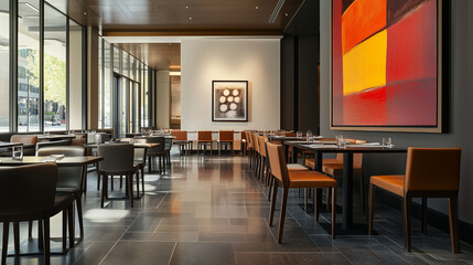 sleek, uncluttered dining area with modern art, where the focus is on the food and conversation