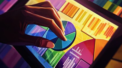 A detailed close-up of a hand analyzing multi-colored pie charts and bar graphs on a tablet, set against a blurred office background, emphasizing data-driven decisions.