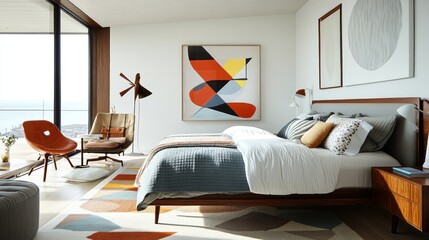 A modern bedroom with clean lines, bold accent furniture, a large bed with plush linens, and geometric wall art, all set in a bright, open space.