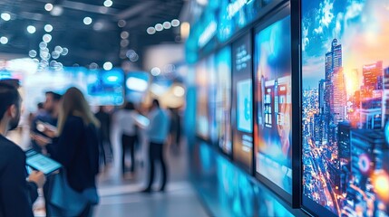 A close-up of a trade show booth adorned with stylish banners depicting the latest technology products. Attendees are browsing and taking notes in a well-lit and modern e