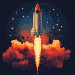 Obraz premium A stylized rocket launching into space with vibrant clouds and stars in the background.