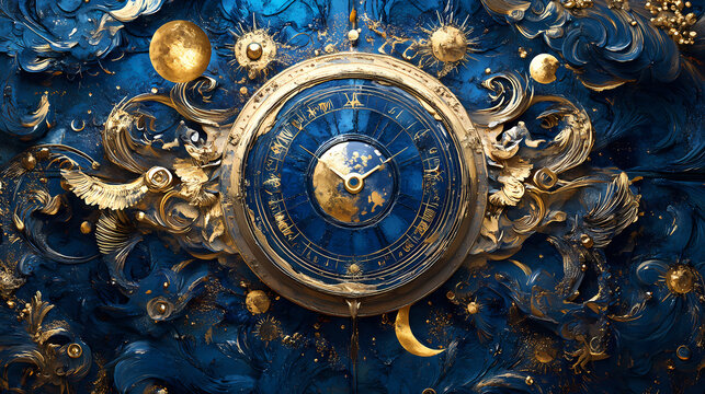 An intricate, abstract depiction of a zodiac clock, adorned with gold and blue details, symbolizing time, celestial movements, and artistic craftsmanship in a modern style. Chronos. Illustration