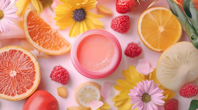 A close-up of a vibrant skincare product surrounded by fresh fruits and flowers, emphasizing natural ingredients on a soft pastel background that evokes freshness and bea