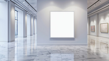 White blank wall frame mockup in spacious art gallery, elegant marble floors, and soft ambient lighting.