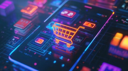 Obraz premium A close-up of a shopping cart icon on a smartphone with a bright, user-friendly interface, surrounded by colorful graphics of popular products, conveying an engaging expe