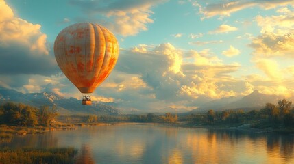 Obraz premium Hot air balloon over tranquil lake, sunset.