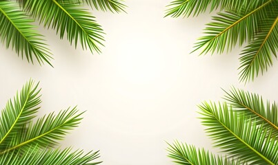 Palm fronds frame blank off-white space.