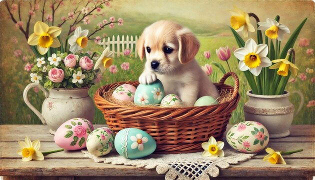 Fr&ouml;hliche Welpen im Osterfr&uuml;hling: Ein nostalgisches Osterbild mit handbemalten Eiern