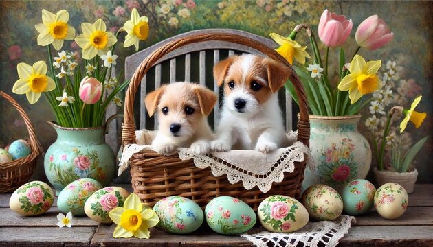Fr&ouml;hliche Welpen im Osterfr&uuml;hling: Ein nostalgisches Osterbild mit handbemalten Eiern
