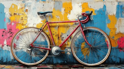 Red bicycle leans against colorful, textured wall.
