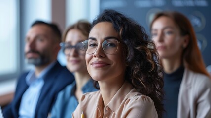 Obraz premium A diverse group of professionals engaging in a meeting, with a focus on a smiling woman in the foreground, exuding confidence and positivity.