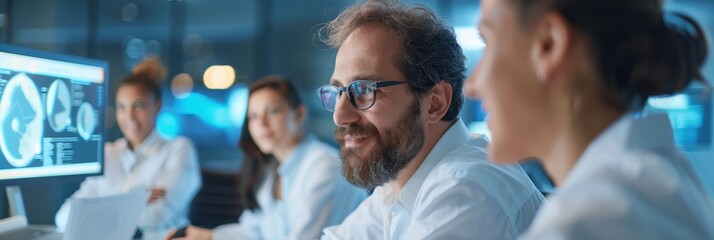 The image shows a group of professionals in lab coats discussing medical images, highlighting collaboration in a scientific environment.