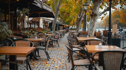 Cafe terrace on a city street in autumn, AI generated image