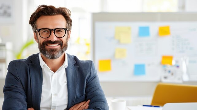 A smiling man in professional attire sits confidently in an office with a background of colorful sticky notes and a bright, modern workspace.