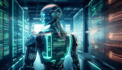 Obraz premium AI in the Server Room: Futuristic android stands amidst glowing digital displays in a cutting-edge server room, symbolizing technological advancement and artificial intelligence. 