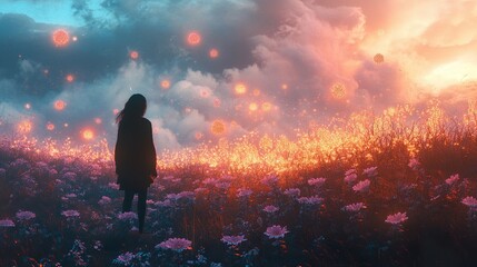 Fototapeta premium Woman in a surreal sunset field with glowing particles