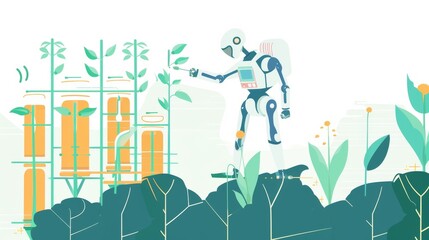 A futuristic robot carefully tending plants in a clean, bright agricultural setup, showcasing the integration of technology in sustainable farming. AI generated.
