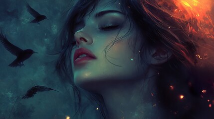 Obraz premium Mysterious Woman in a Dreamy, Dark Fantasy Setting