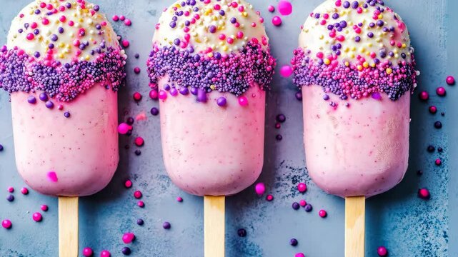 Colorful ice cream pops with sprinkles on a blue background create a delightful dessert display