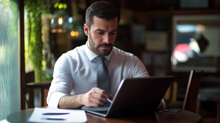 A professional businessman working on his laptop and tablet, accessing a global business network to develop online marketing strategies and achieve business goals.