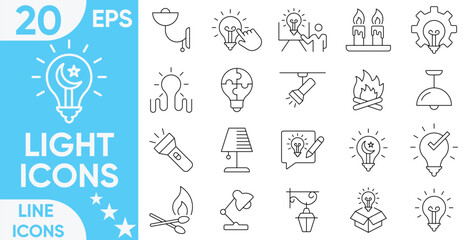 Light Line Icons set.A set of light bulb icon on white background.Electric lamp, light, innovation, solution, creative thinking, electricity.Vector and illustrator set.