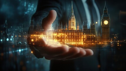 A professional politician in a formal suit, projecting a glowing, detailed hologram of the Parliament building from his palm