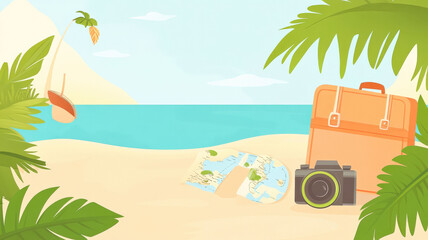 Obraz premium A whimsical summer road trip banner showcasing a colorful map, suitcase, camera, and travel icons in a flat design style, capturing the essence of adventure and exploration.