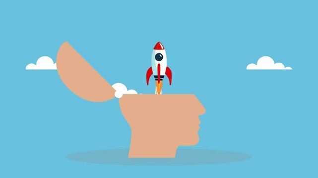 Launching Ambitions, Unlocking the Power of the Mind, an animation of a rocket launching from an open human head