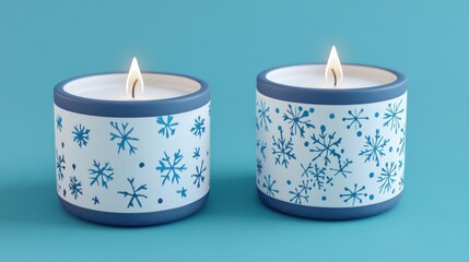 Two lit candles with snowflake design.