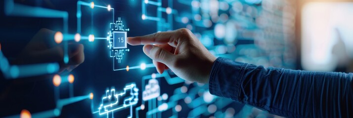 A hand interacts with a digital interface displaying circuit patterns and a microchip, symbolizing technology and innovation.