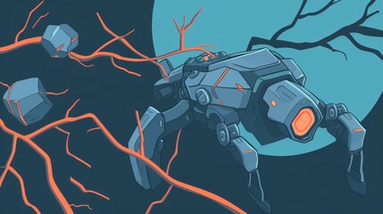 Fototapeta premium A futuristic robotic spider-like machine moving among glowing red branches under a large moon, combining sci-fi and mechanical aesthetics. AI generated.