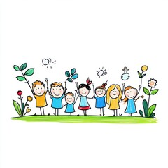 Colorful Stick Figure Family in Nature with Flowers and Happy Expressions on a White Background